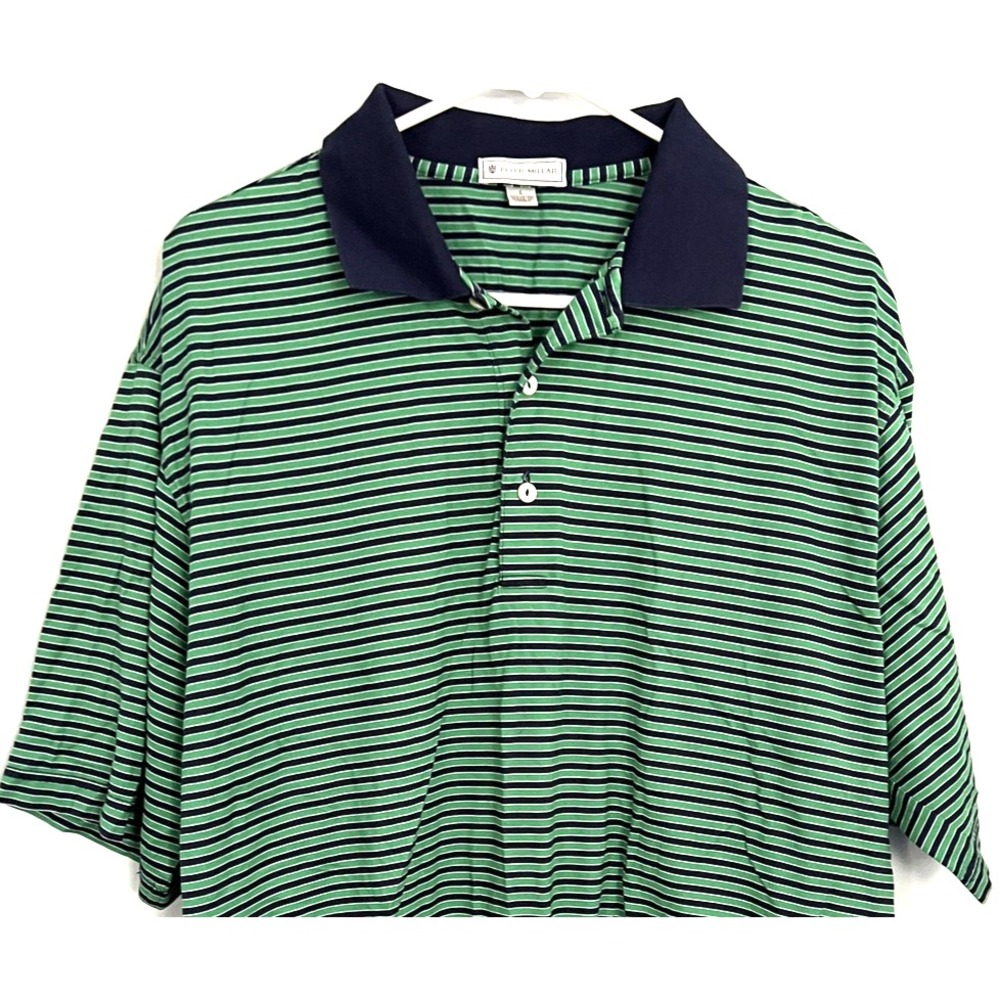 Peter Millar Polo Shirt Men L Green Navy Striped Golf Victoria National Club EUC
